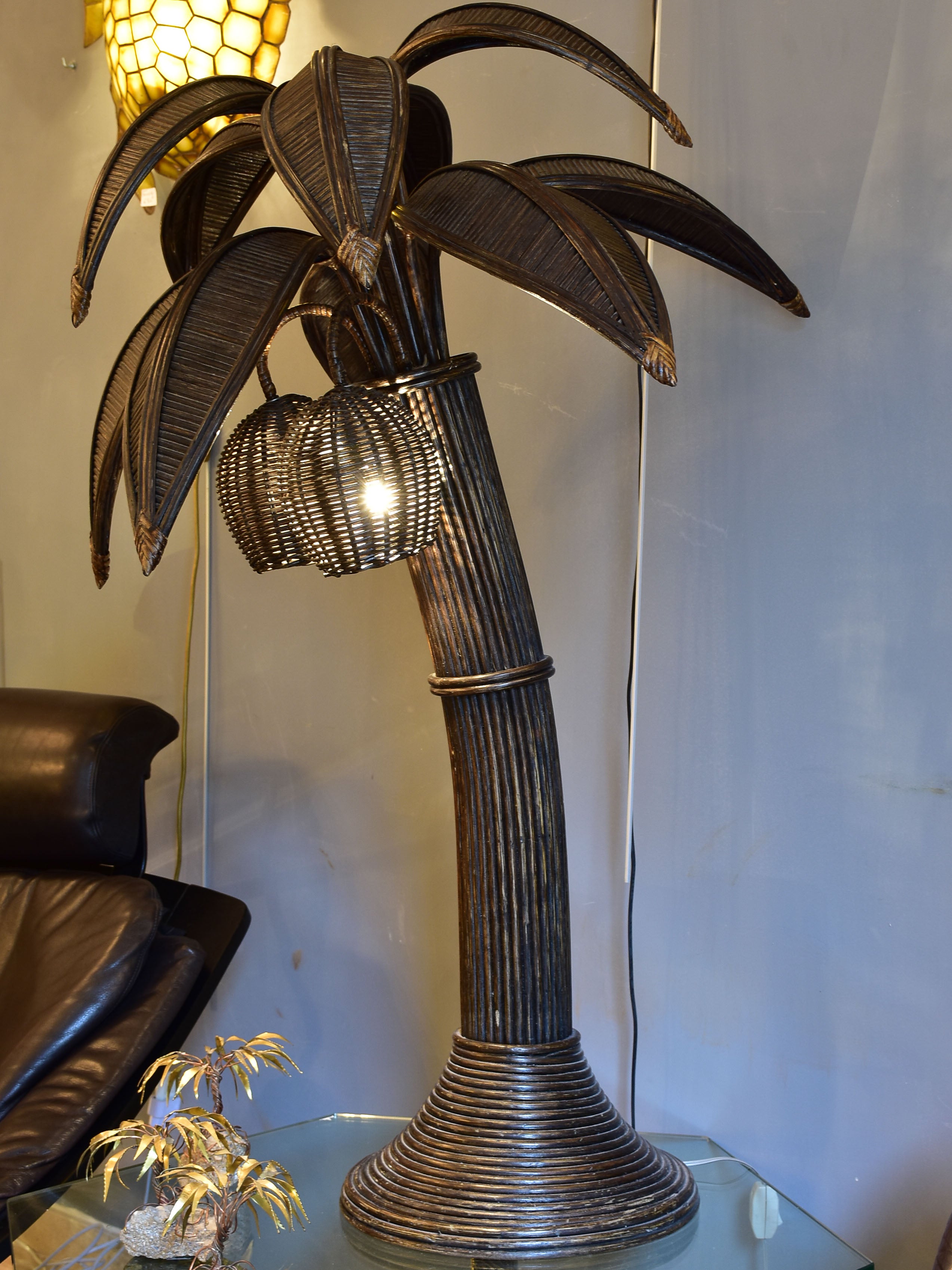 Vintage coconut palm tree lamp in rattan