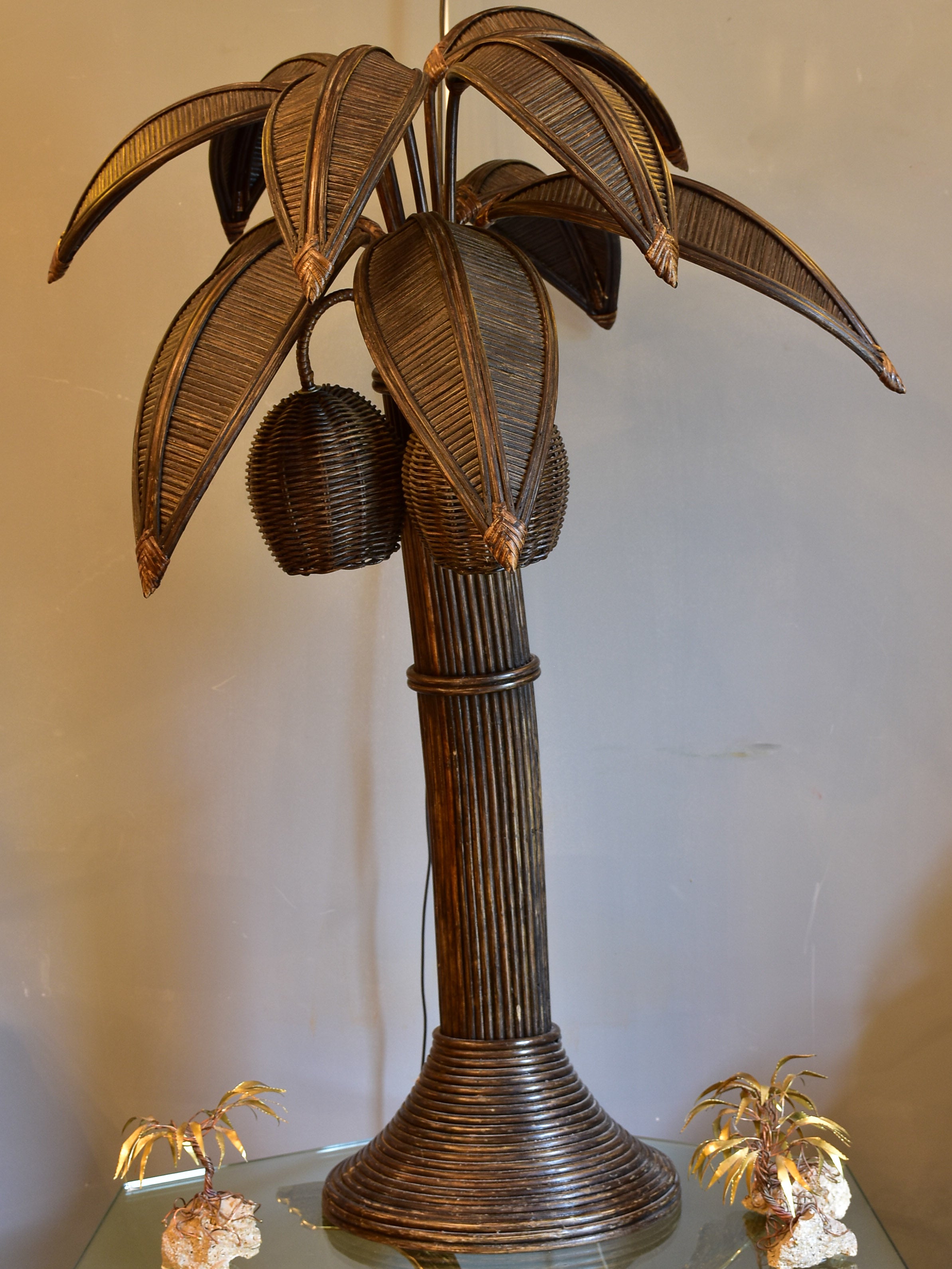 Vintage coconut palm tree lamp in rattan