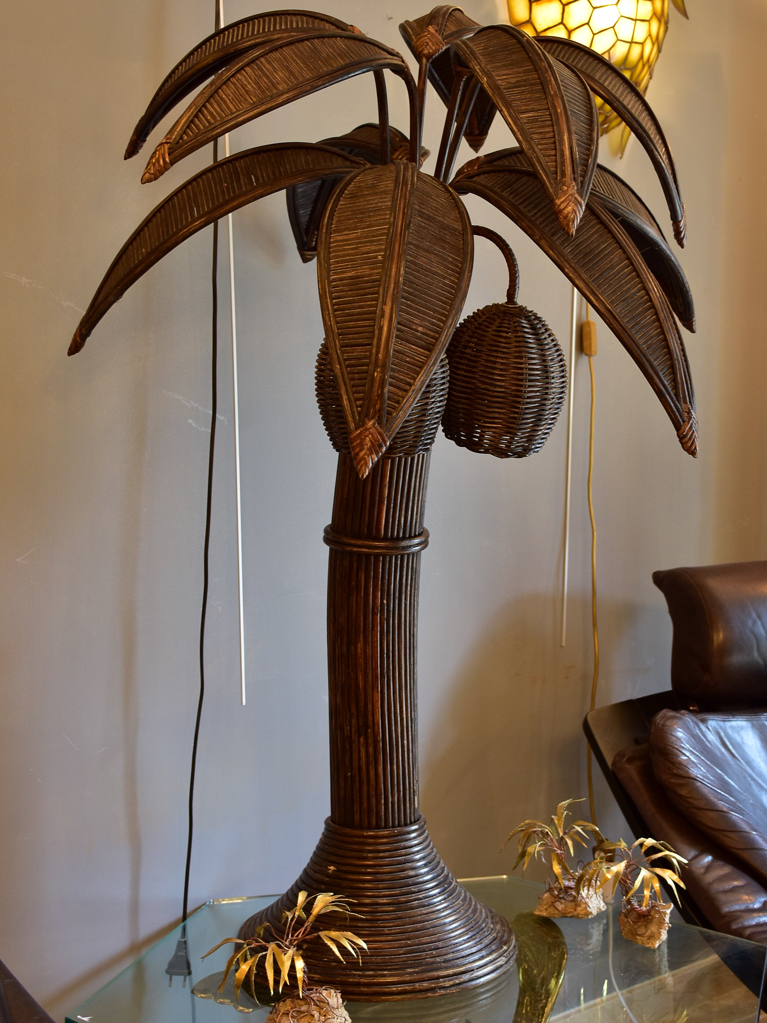 Vintage coconut palm tree lamp in rattan