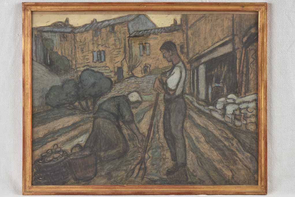 Painting On Panel - 2 Farmers Working The Soil - Joseph Hurard (1887-1956) 20" x 25½"