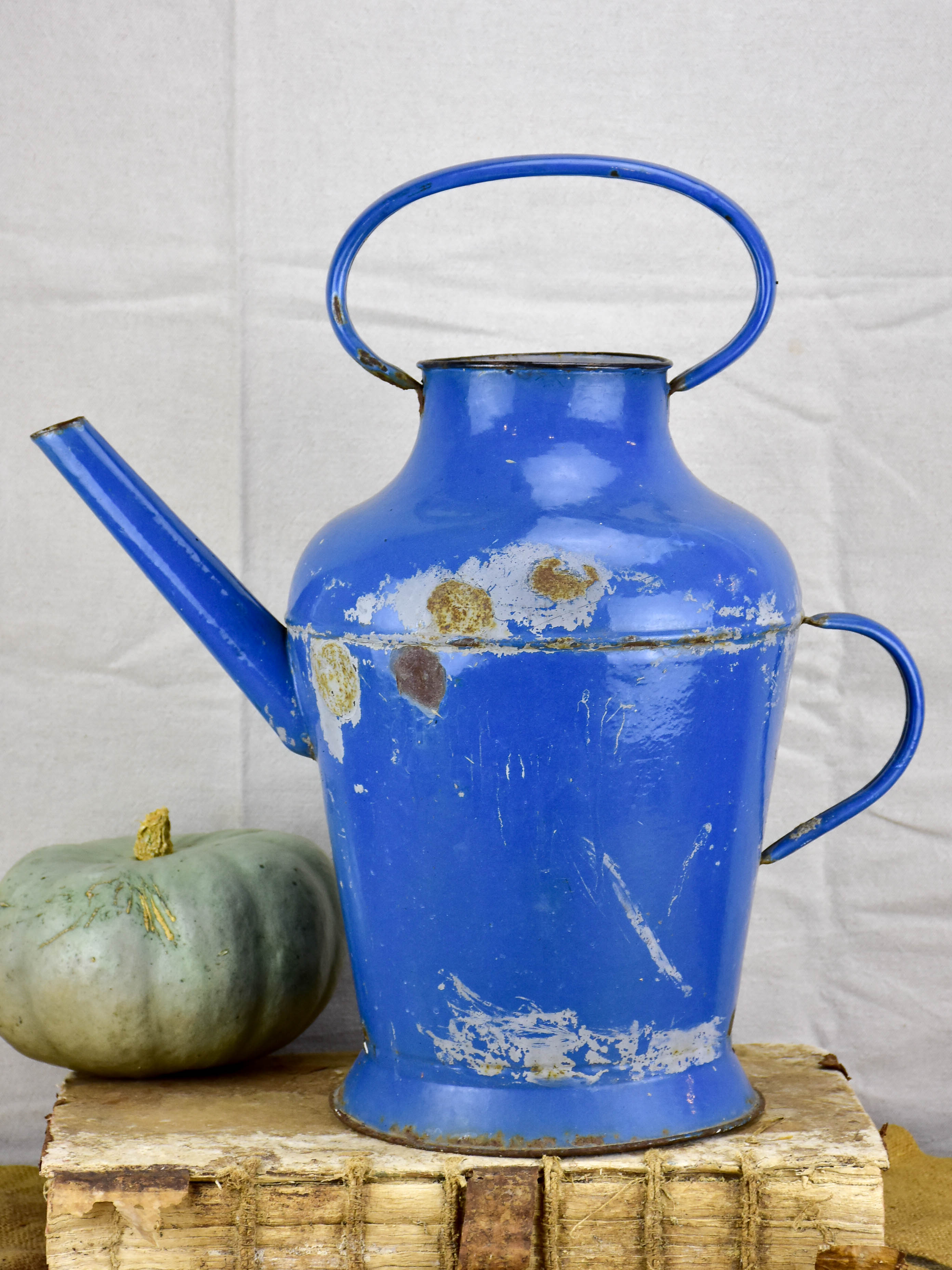 Vintage French watering can - blue enamel