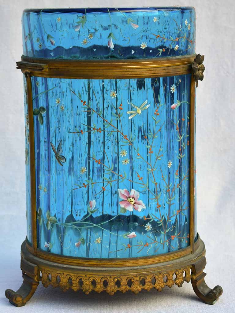 Large 19th Century Italian biscuit jar  with hand-painted blue glass 13½"