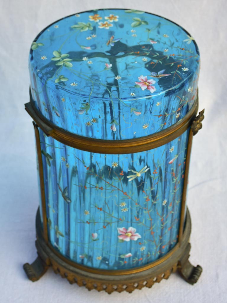 Large 19th Century Italian biscuit jar  with hand-painted blue glass 13½"