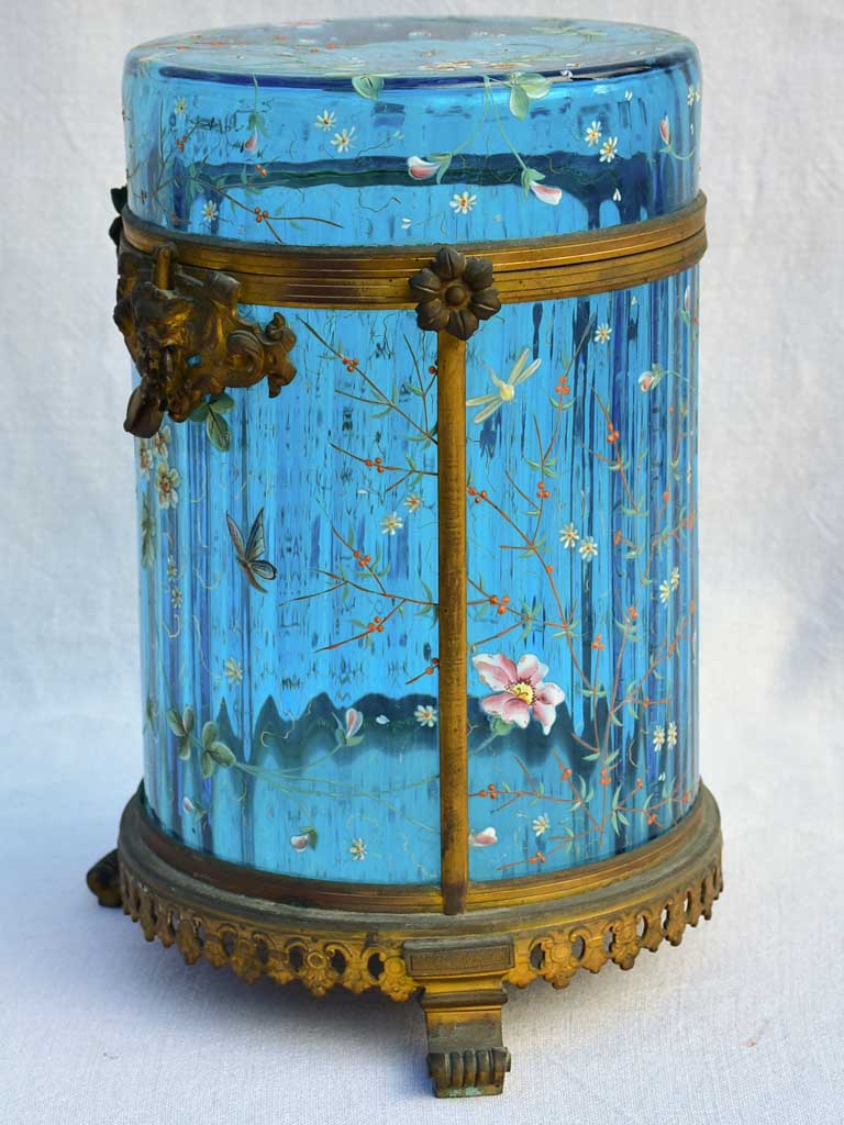 Large 19th Century Italian biscuit jar  with hand-painted blue glass 13½"