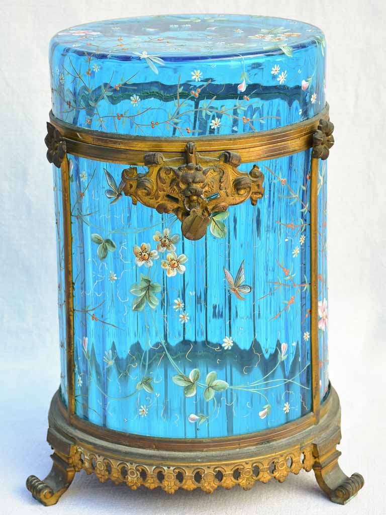 Large 19th Century Italian biscuit jar  with hand-painted blue glass 13½"