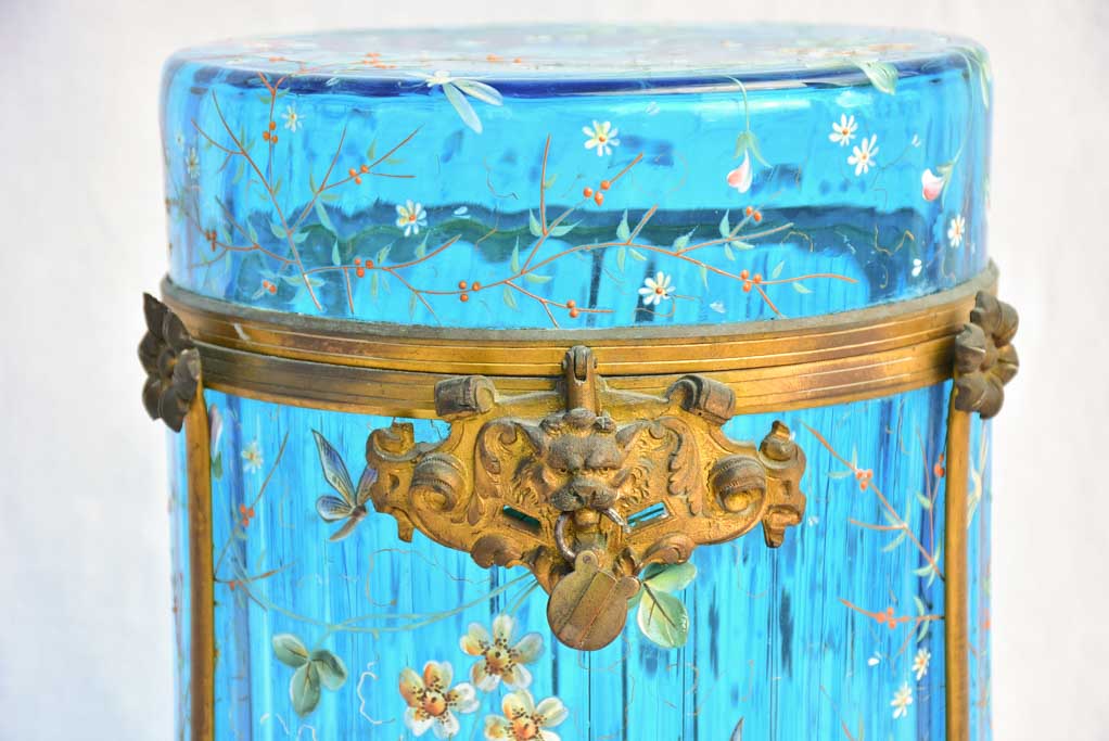 Large 19th Century Italian biscuit jar  with hand-painted blue glass 13½"