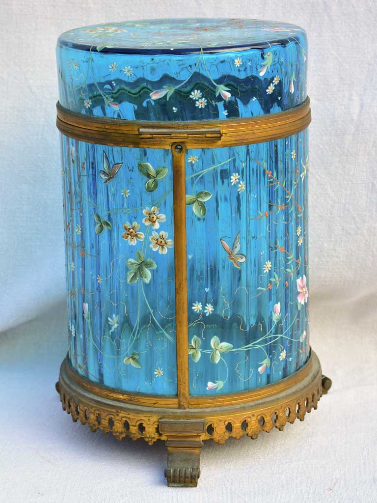 Large 19th Century Italian biscuit jar  with hand-painted blue glass 13½"