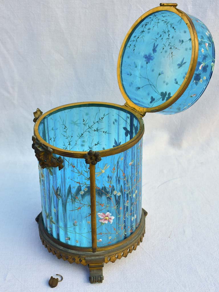 Large 19th Century Italian biscuit jar  with hand-painted blue glass 13½"