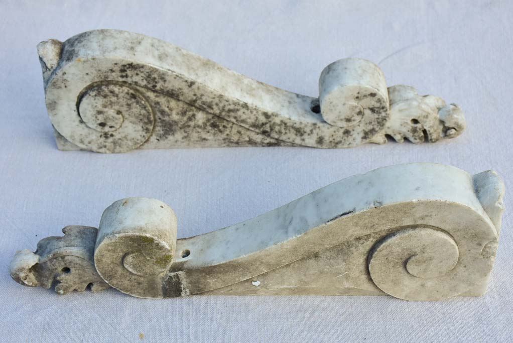 Pair of salvaged antique Italian Carrara marble elements 15¾"