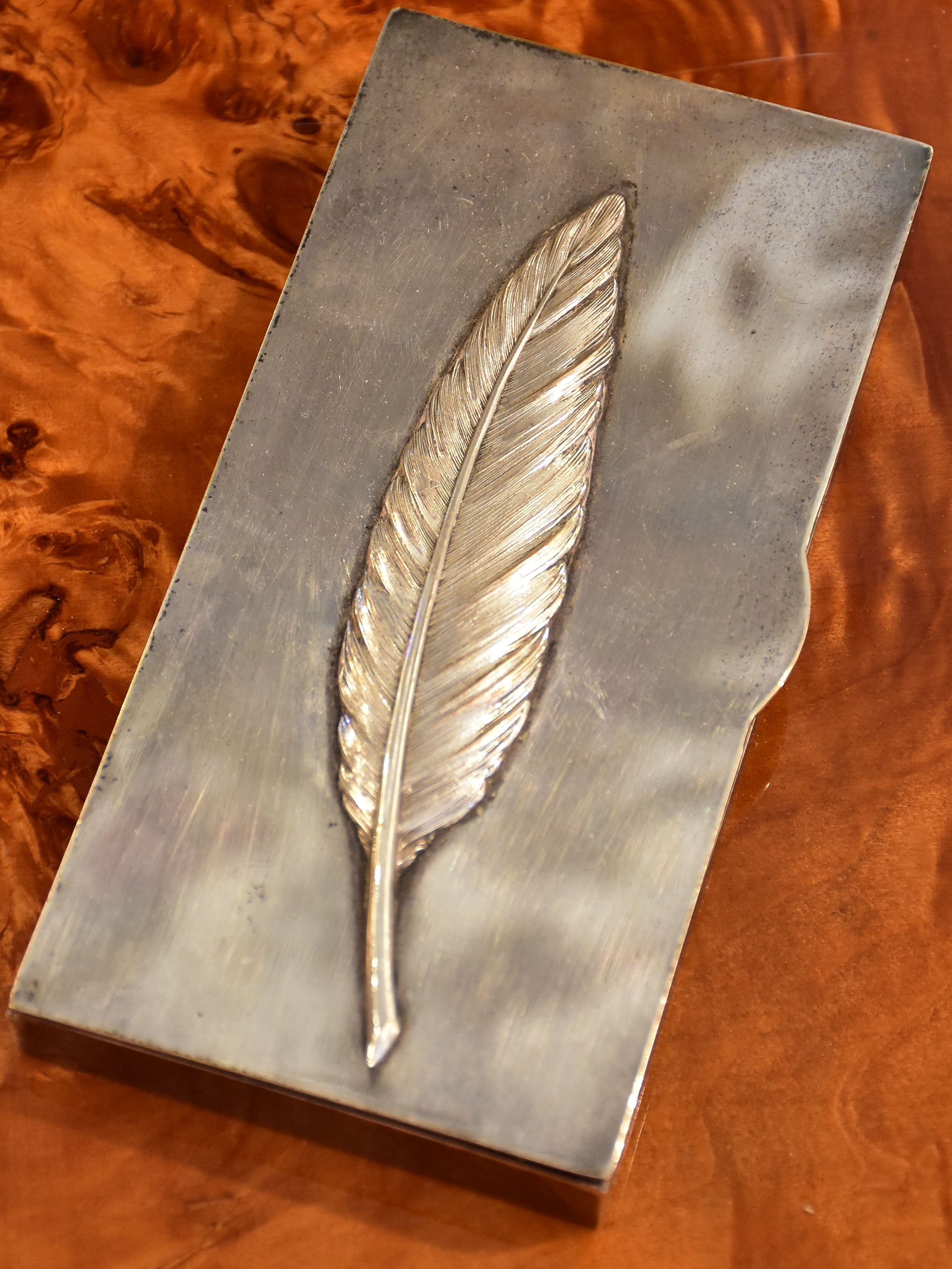 Vintage French cigarette case with embossed feather