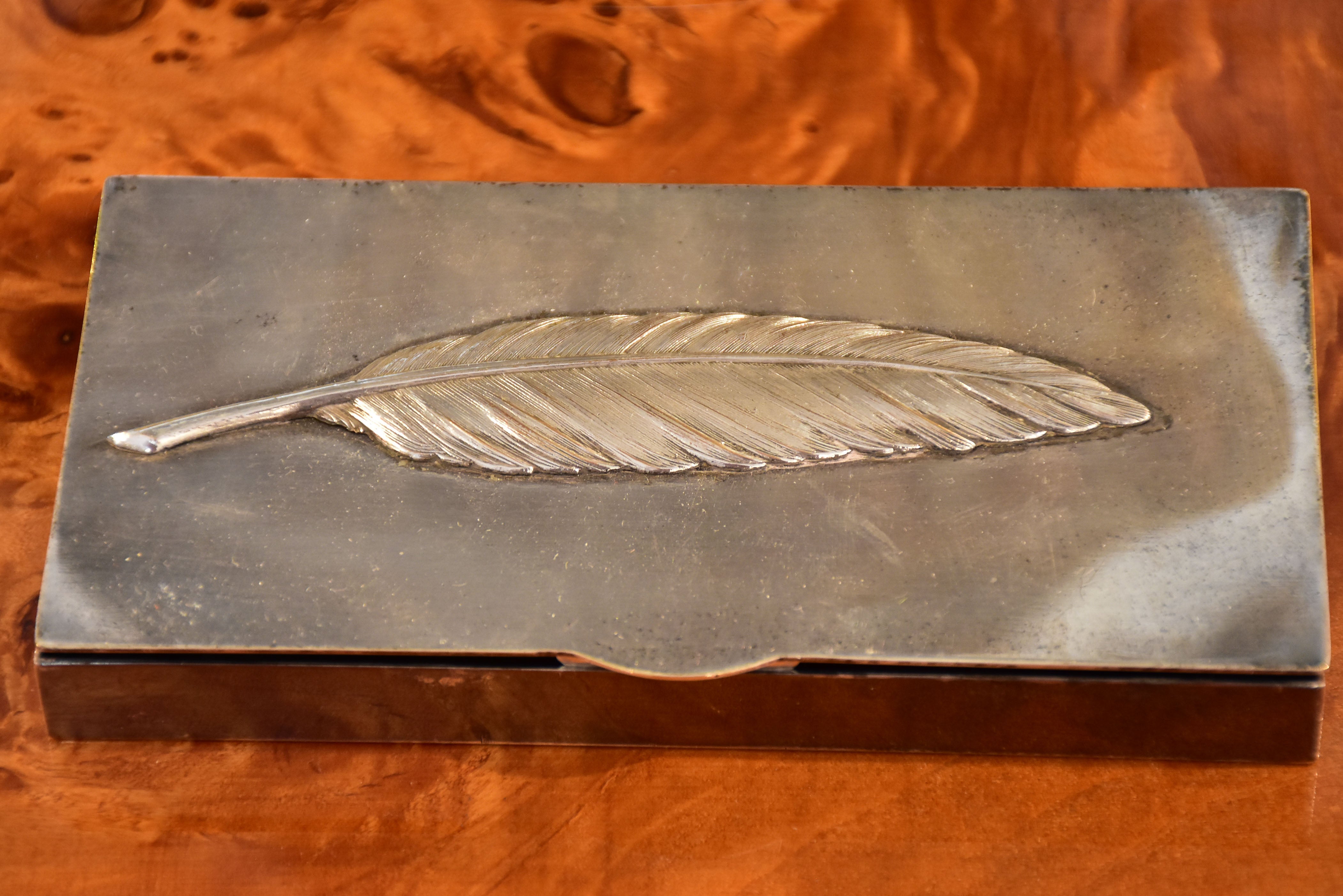 Vintage French cigarette case with embossed feather