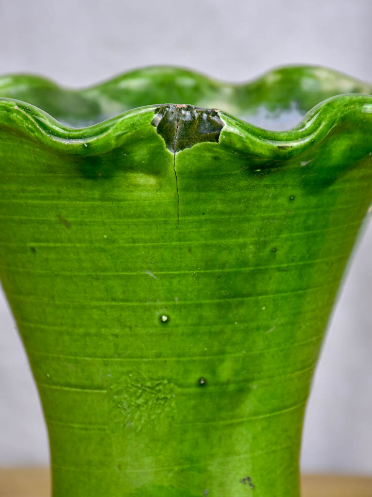 Set of four vintage French florist vases with green glaze and rippled necks