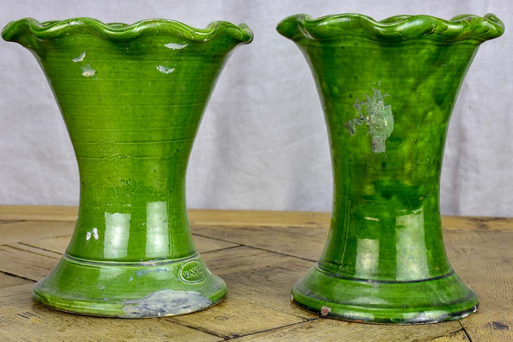 Set of four vintage French florist vases with green glaze and rippled necks