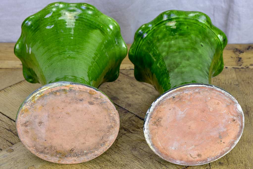 Set of four vintage French florist vases with green glaze and rippled necks