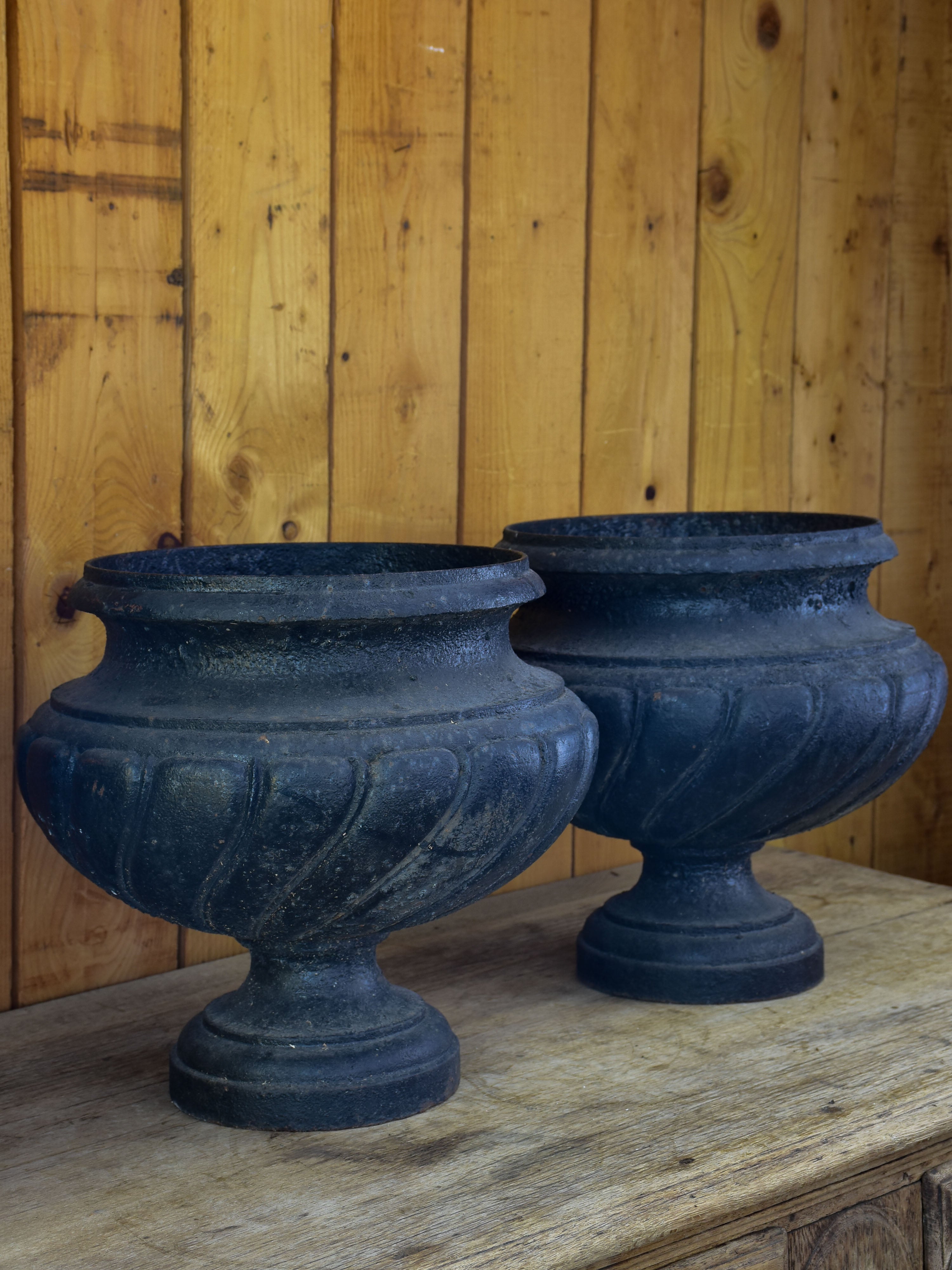 Pair of 19th Century French garden urns with black patina