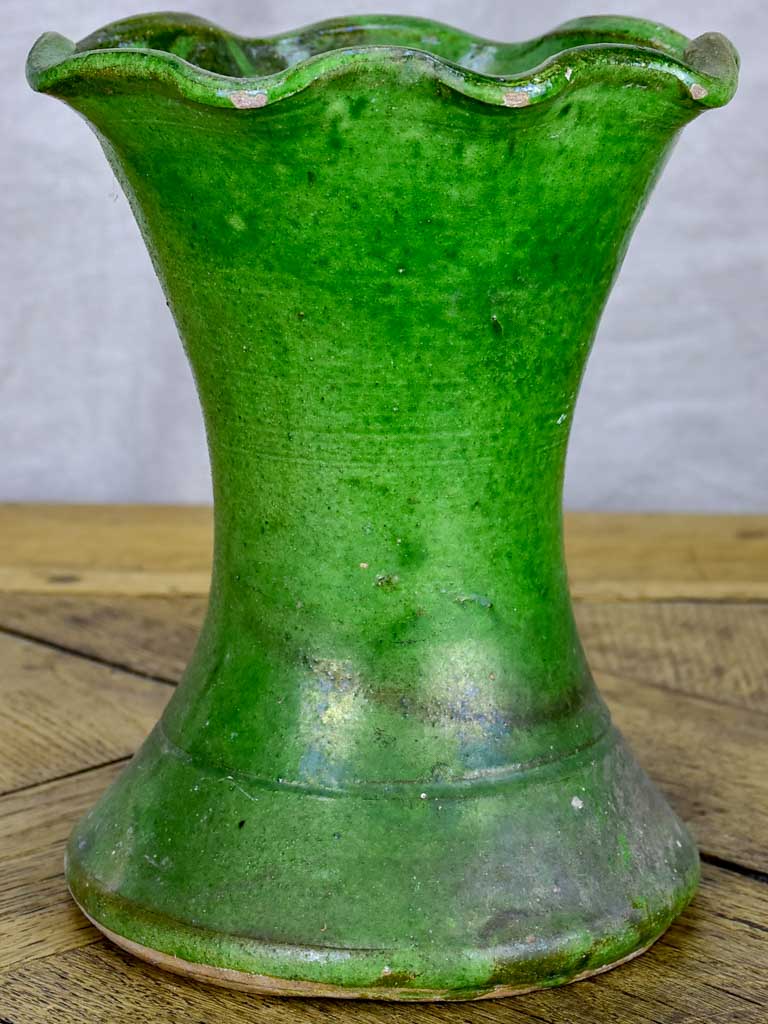 Set of four vintage French florist vases with green glaze and rippled necks