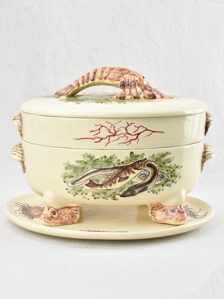 Large oval bouillabaisse tureen with lobster handle