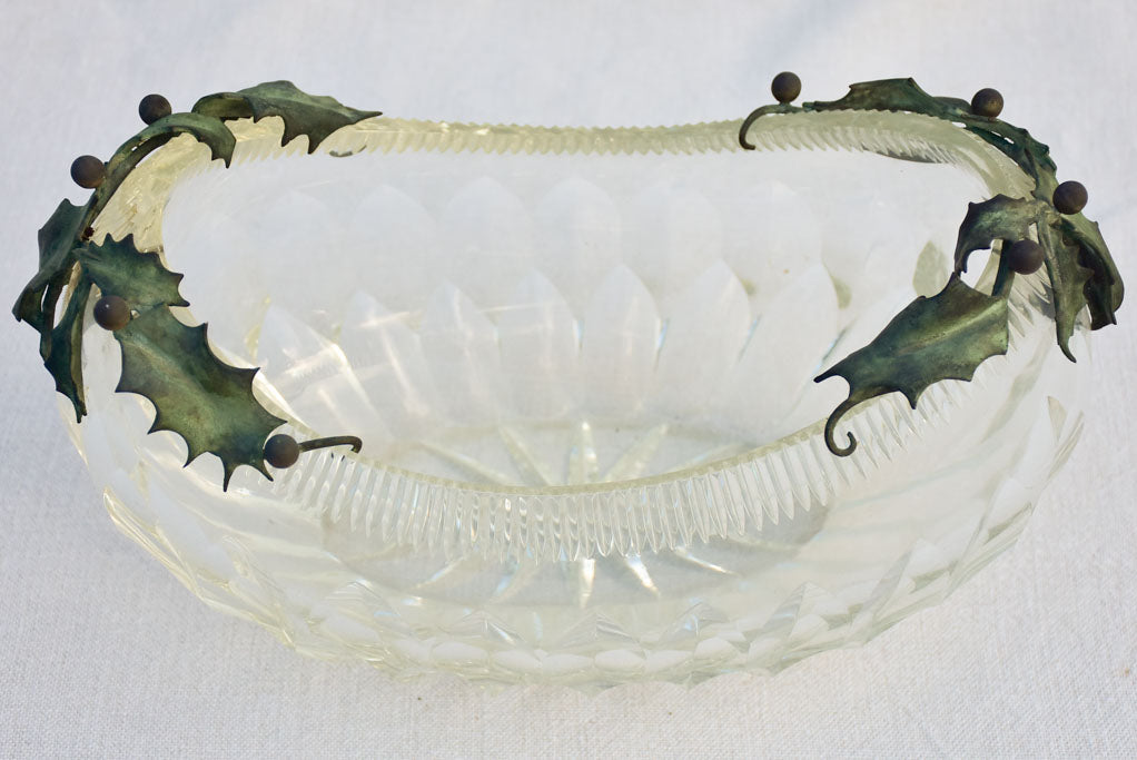 Early 20th century crystal bowl with holly decoration - oval