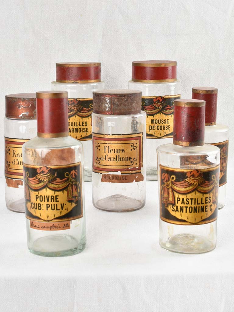 Collection of seven French antique apothecary glass jars