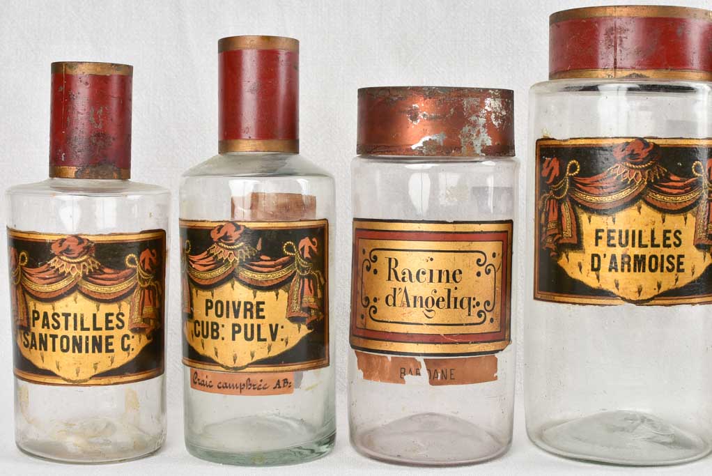 Collection of seven French antique apothecary glass jars