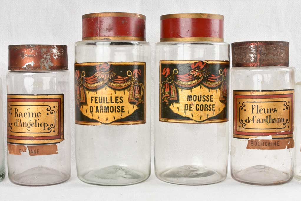 Collection of seven French antique apothecary glass jars