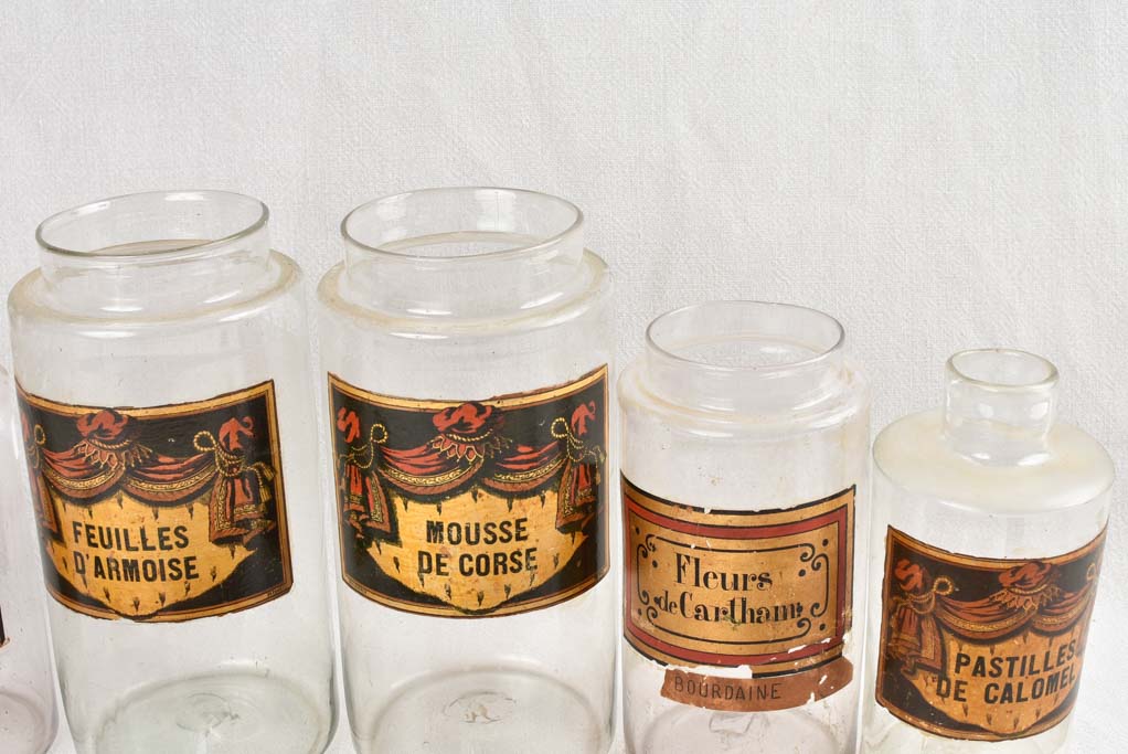 Collection of seven French antique apothecary glass jars