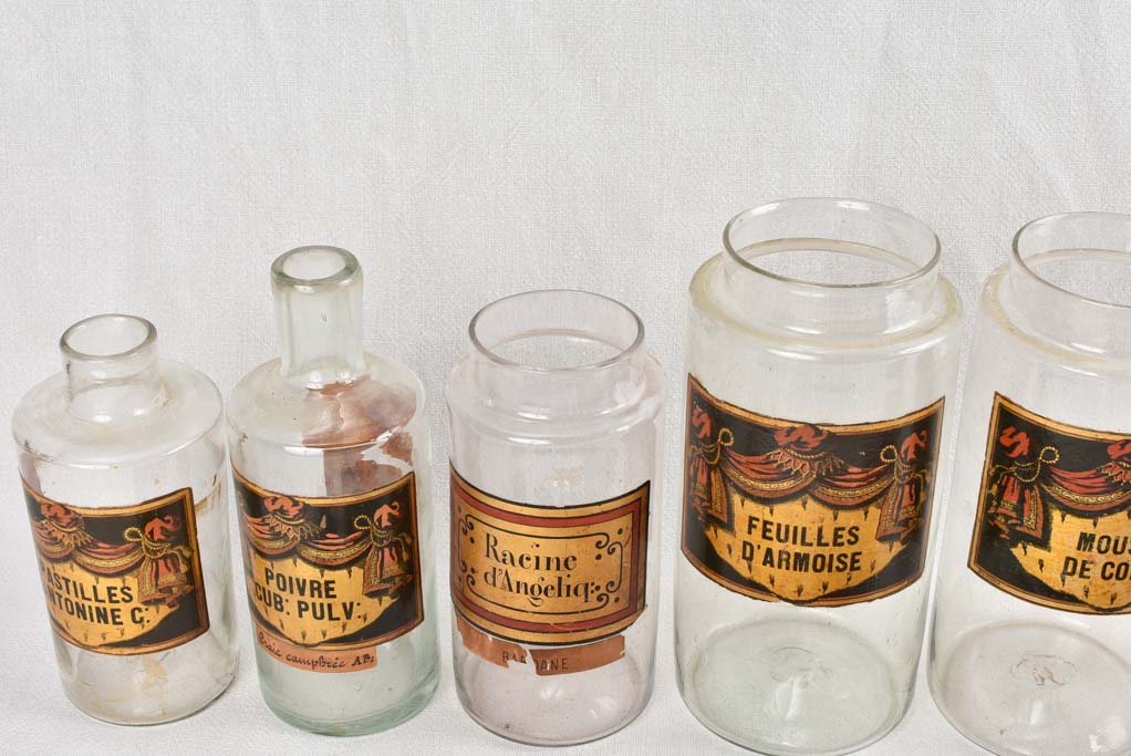 Collection of seven French antique apothecary glass jars