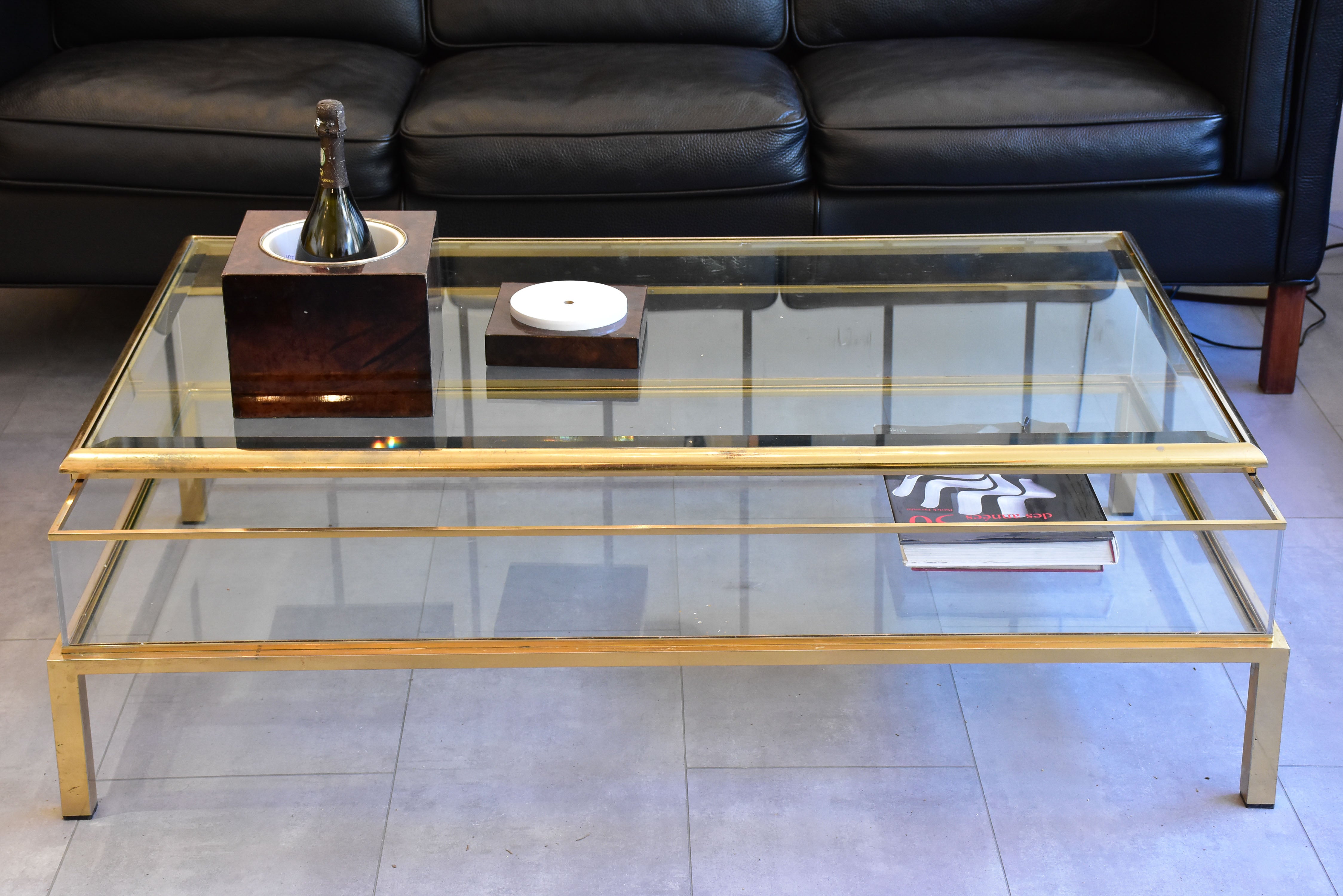 Vintage glass and brass coffee table with sliding display case