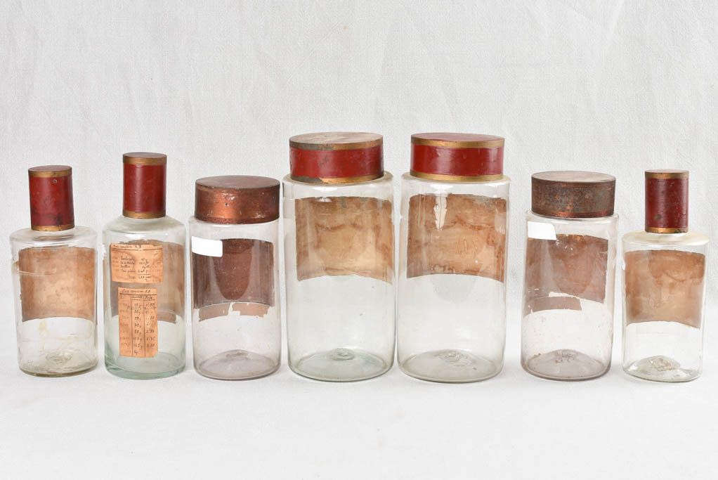 Collection of seven French antique apothecary glass jars