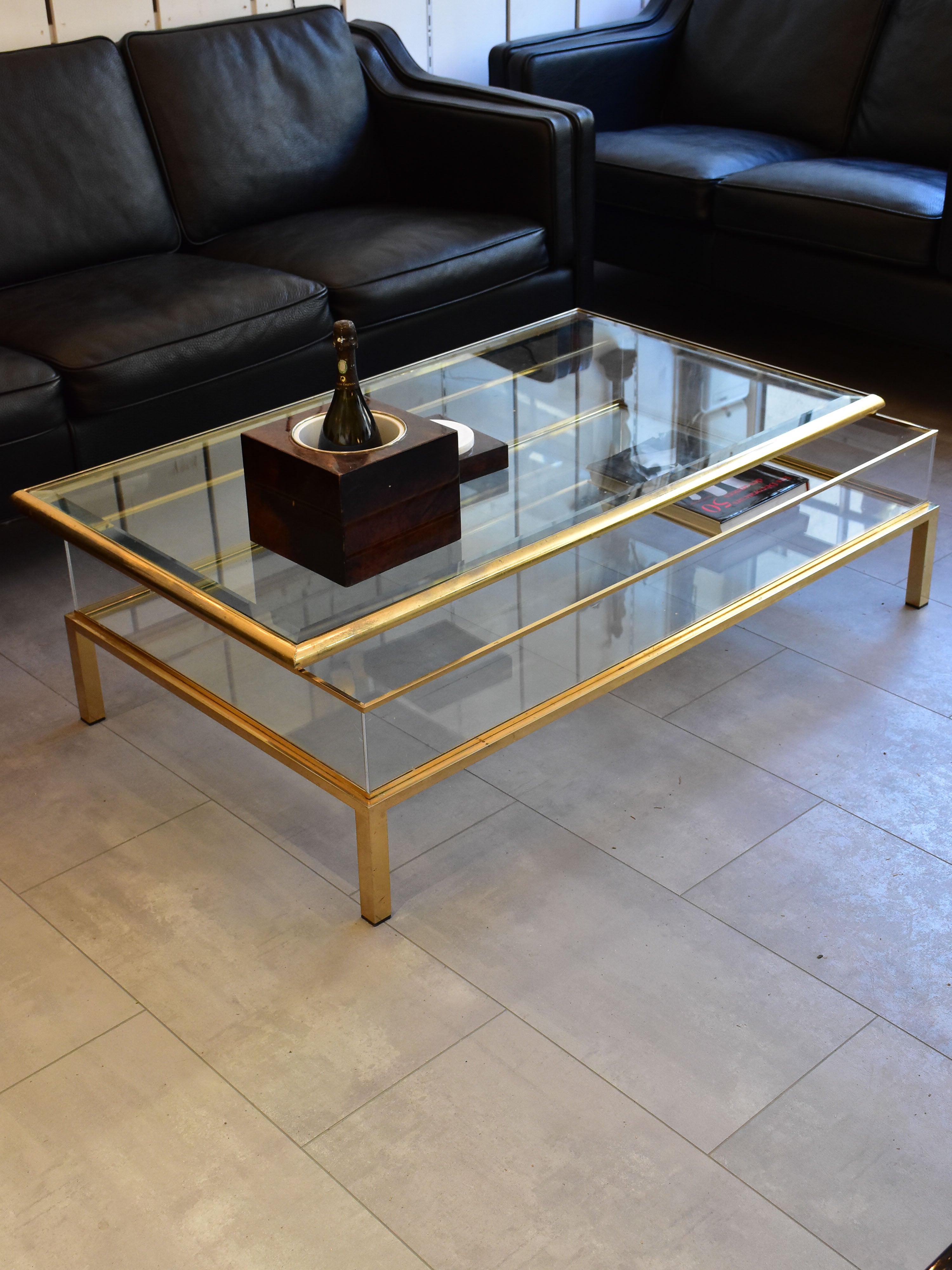 Vintage glass and brass coffee table with sliding display case