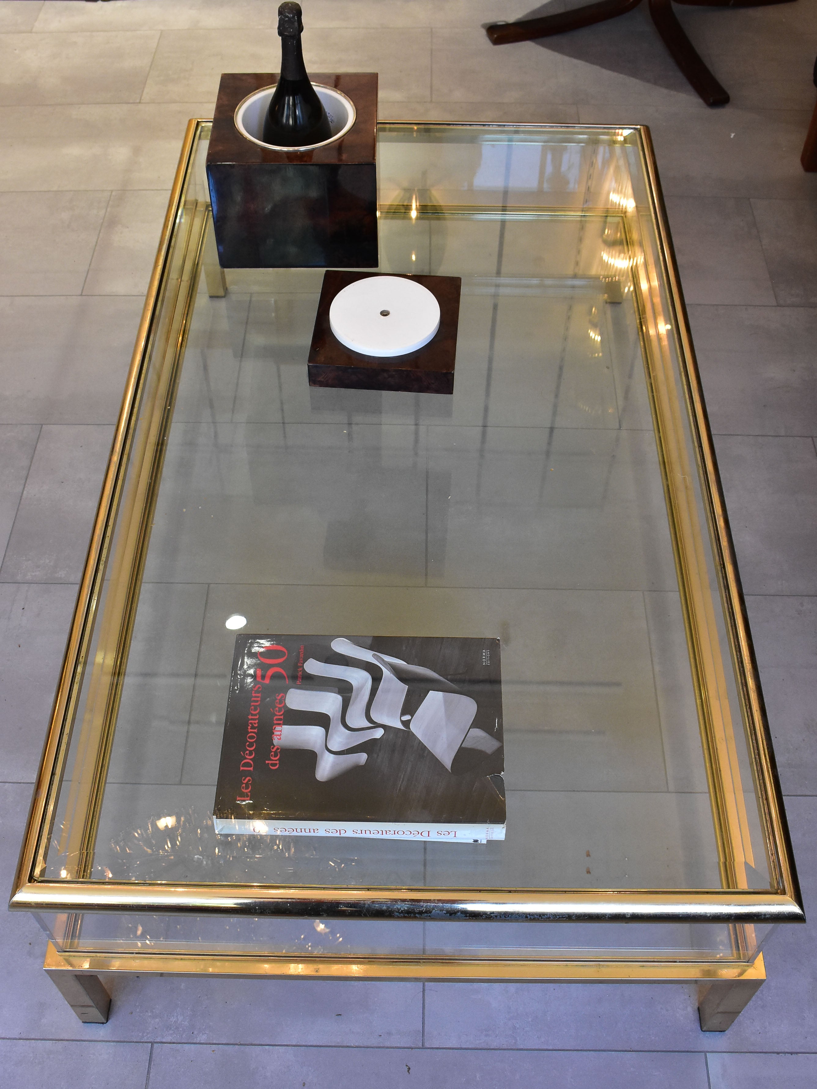 Vintage glass console and coffee table with sliding display case