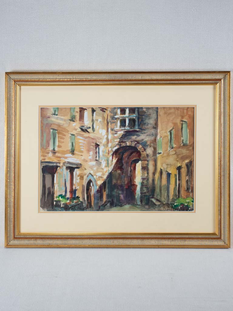 Vintage Désiré Allemand Gouache Village Scene