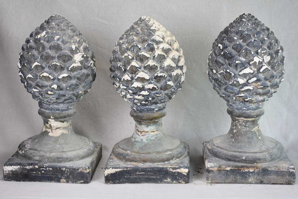 Three mid century French pine cone finials - plaster 19"