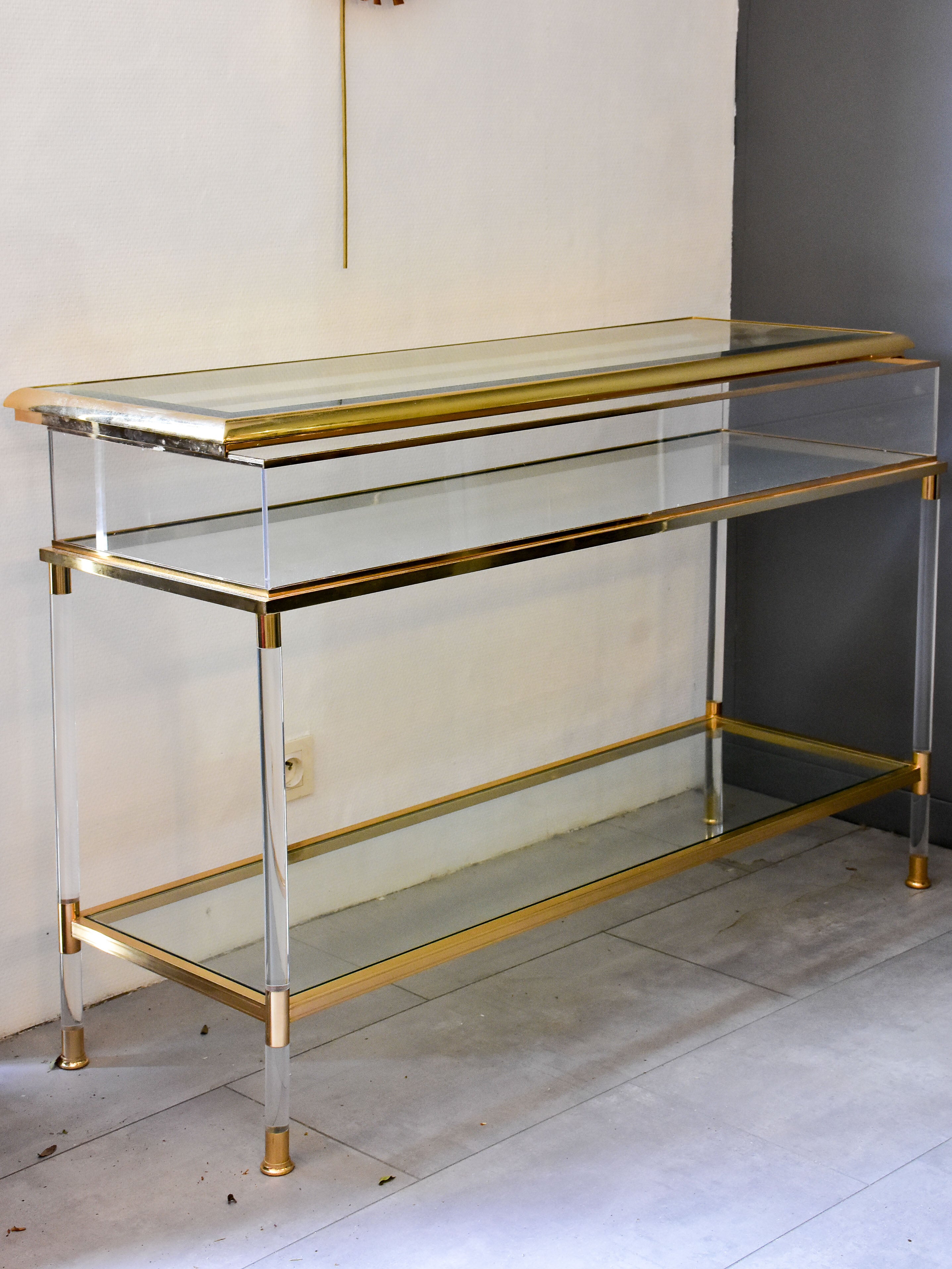 Vintage glass console and coffee table with sliding display case