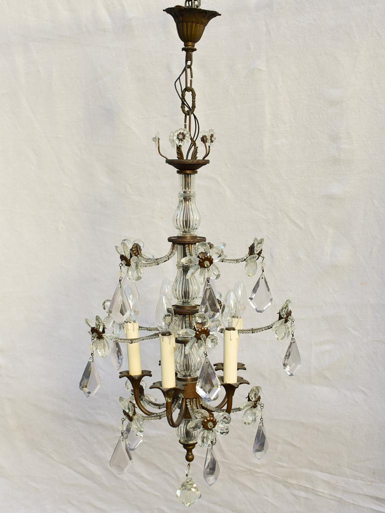 Mid-century Italian chandelier with 5 lights - clear and purple pendants 39½"