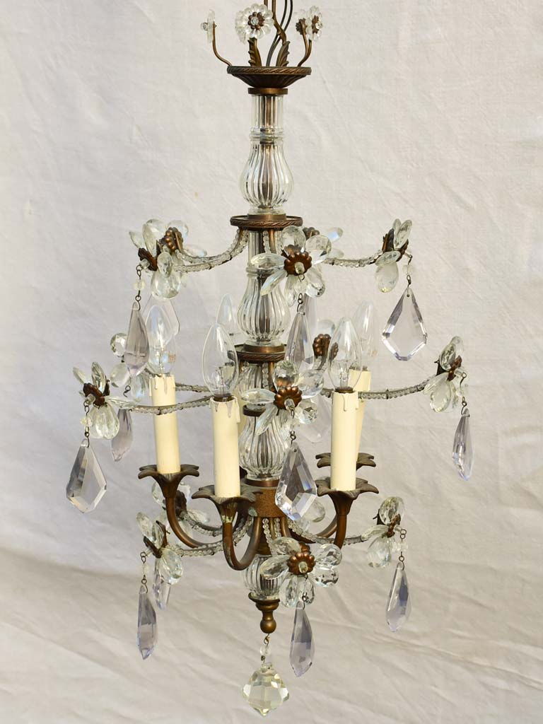 Mid-century Italian chandelier with 5 lights - clear and purple pendants 39½"