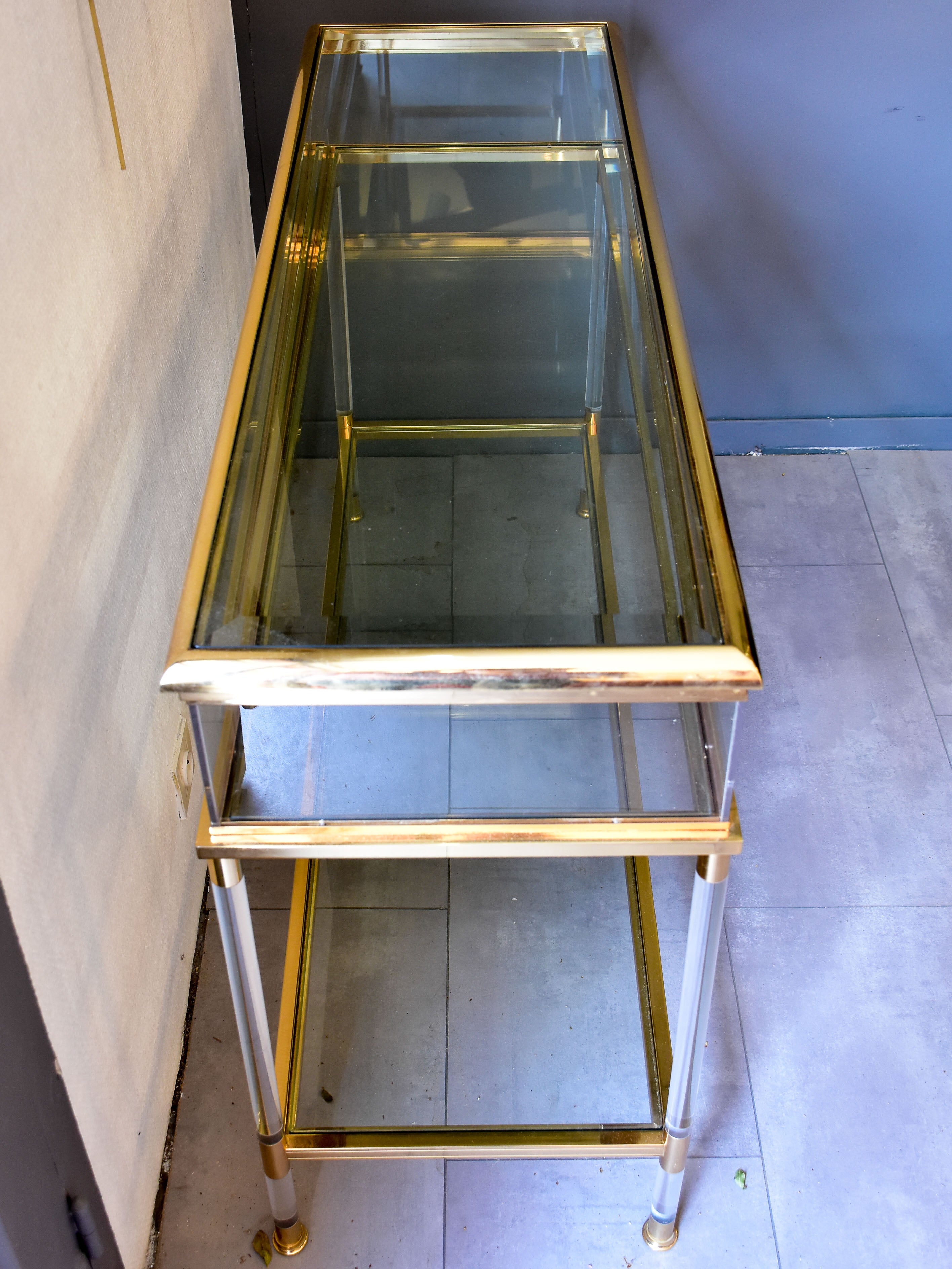 Vintage glass console and coffee table with sliding display case