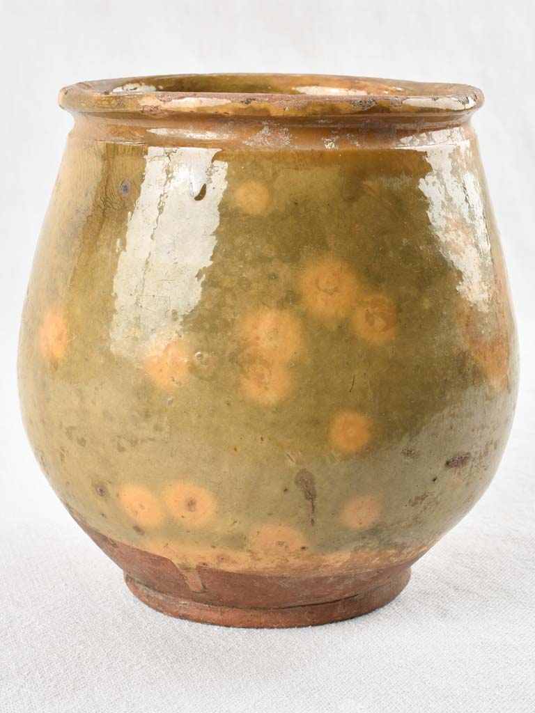 Antique French preserving pot w/ green & yellow glaze 7½"