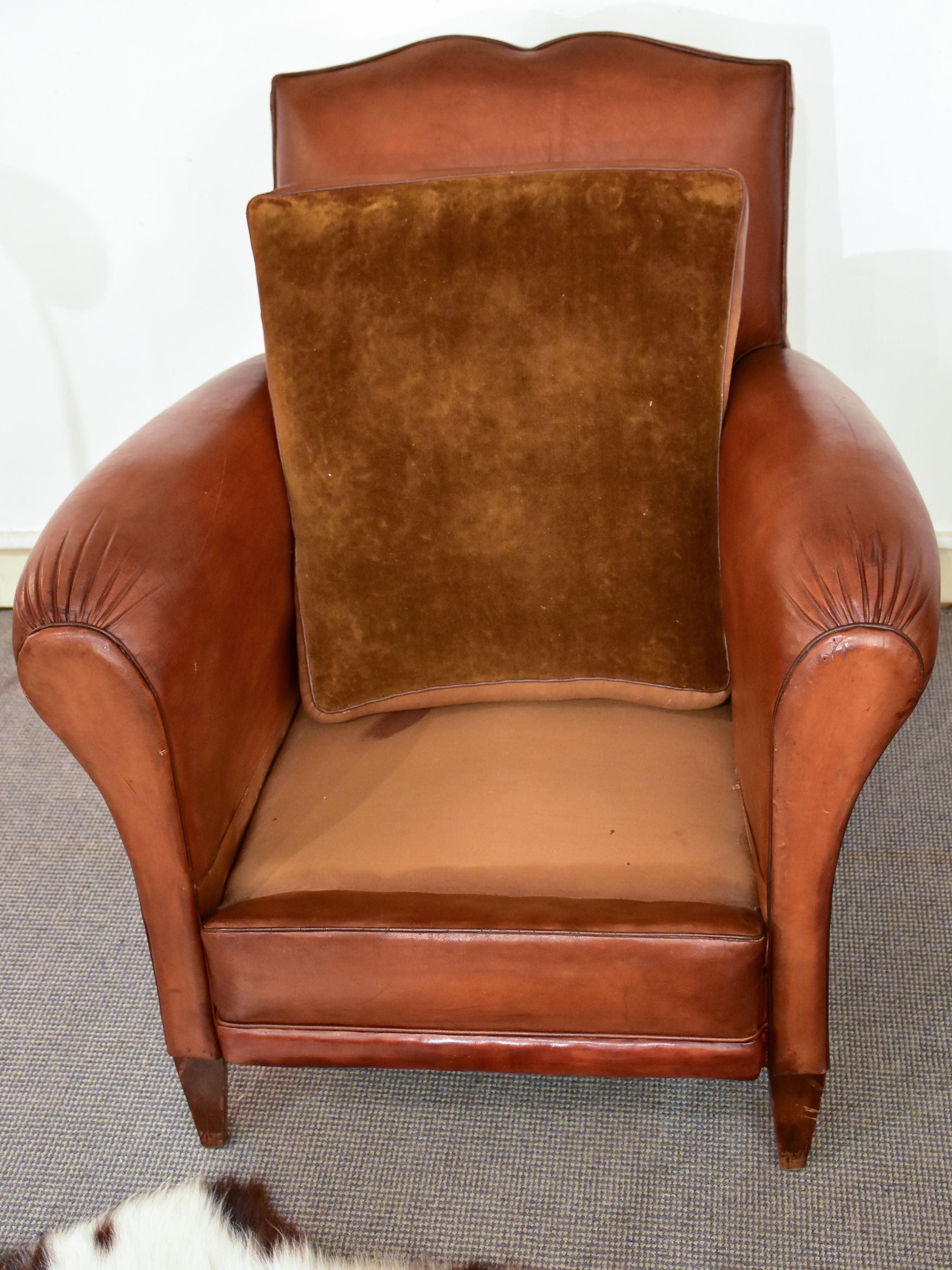 Petite 1950's French leather club chair with moustache back