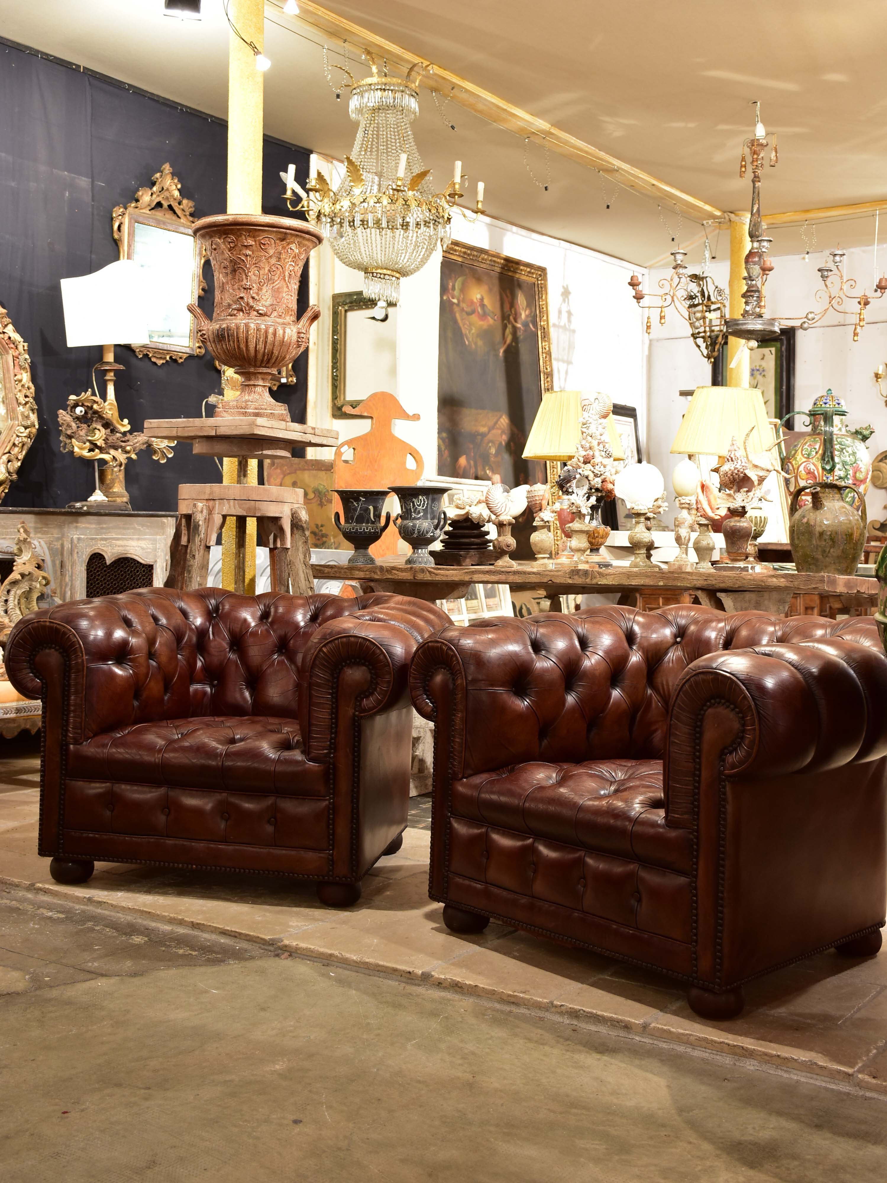 Pair of French chesterfield armchairs