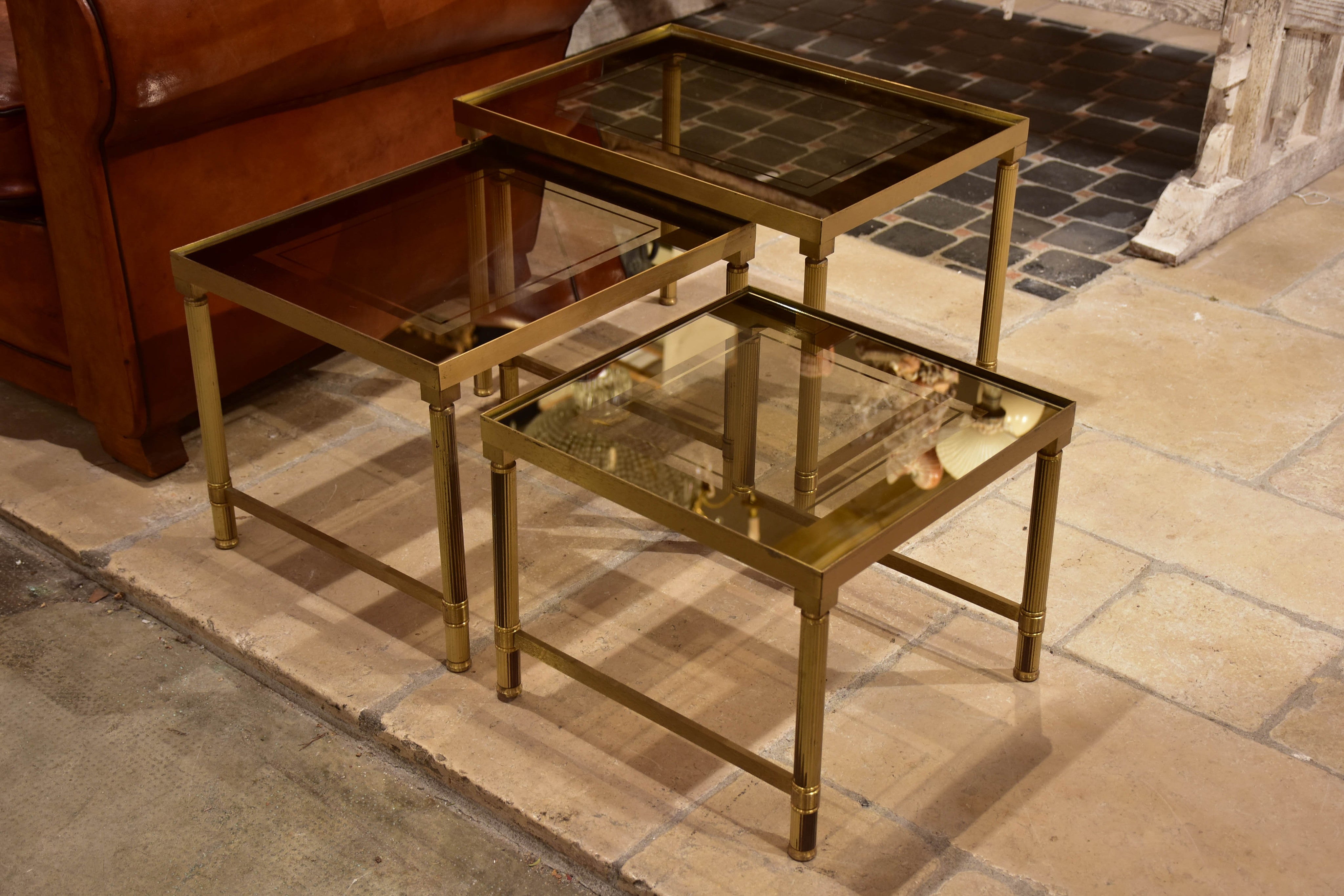 Nesting tables, brass and tinted glass, 1960s - 3