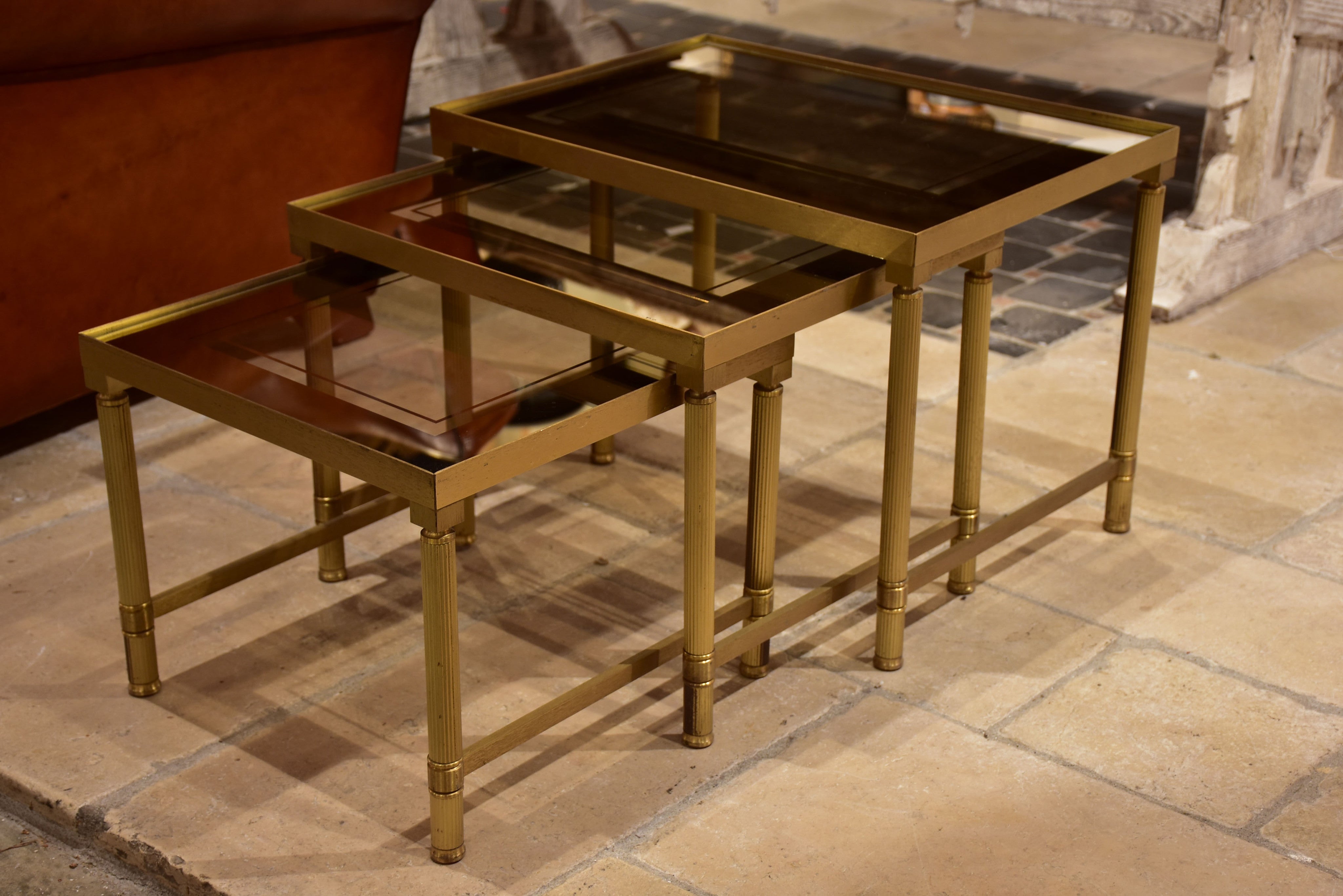 Nesting tables, brass and tinted glass, 1960s - 3