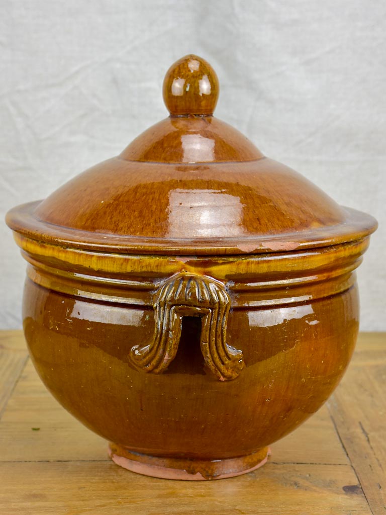 Antique French soup tureen with brown glaze