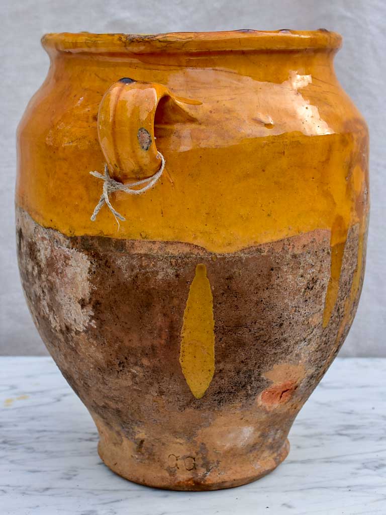 Antique French confit pot with orange glaze 11½"