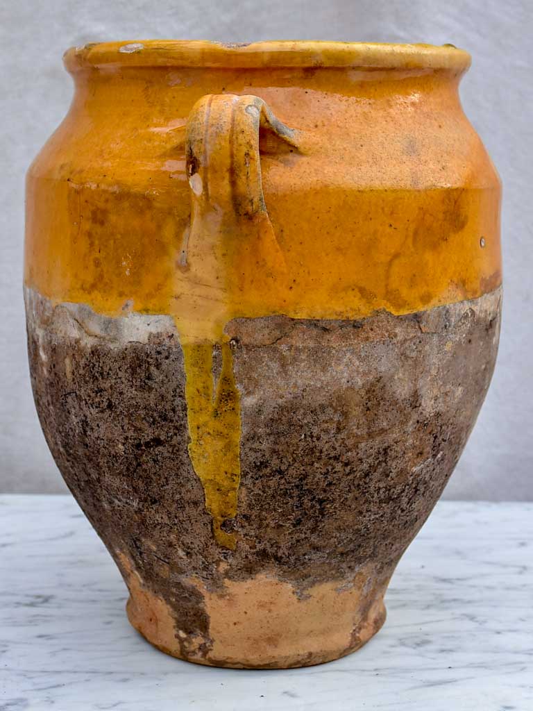 Antique French confit pot with orange glaze 11½"