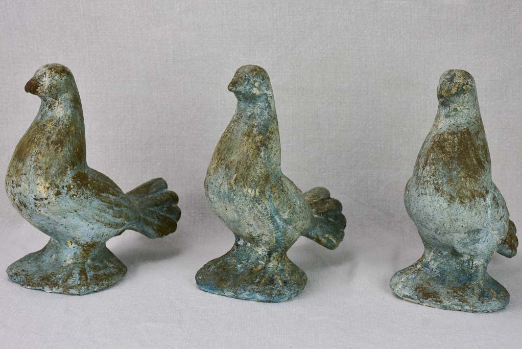 Three vintage French dove sculptures with blue patina