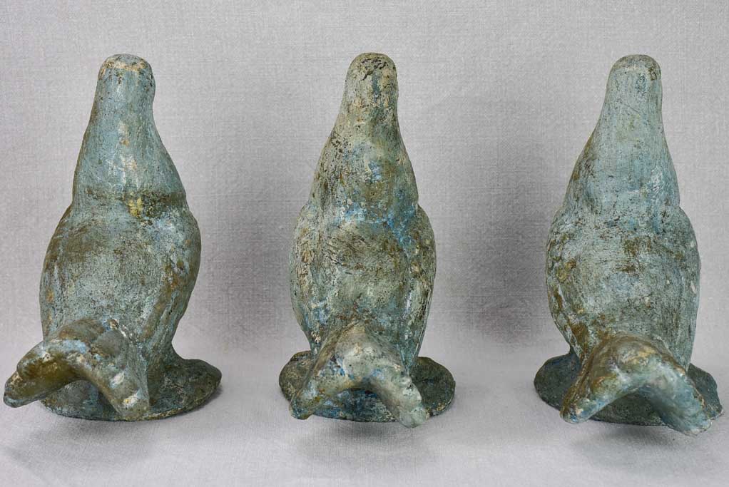 Three vintage French dove sculptures with blue patina