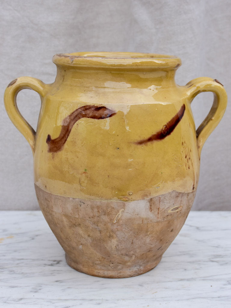 19th Century French confit pot from Provence with Yellow glaze and brown decoration 9½"