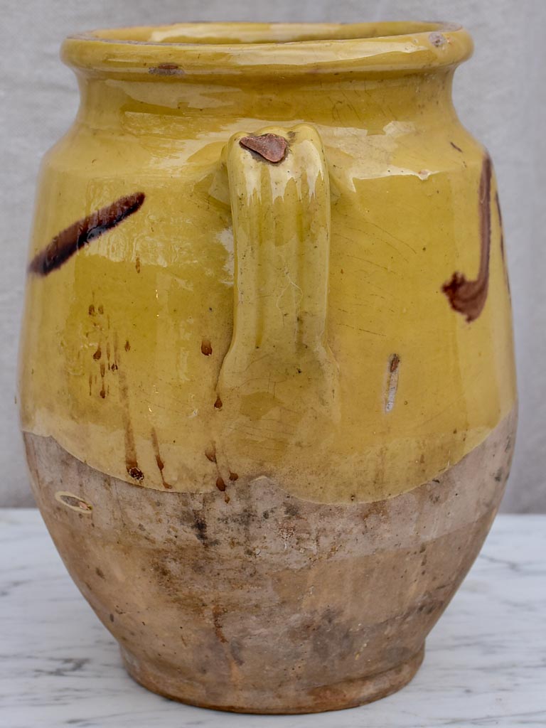 19th Century French confit pot from Provence with Yellow glaze and brown decoration 9½"