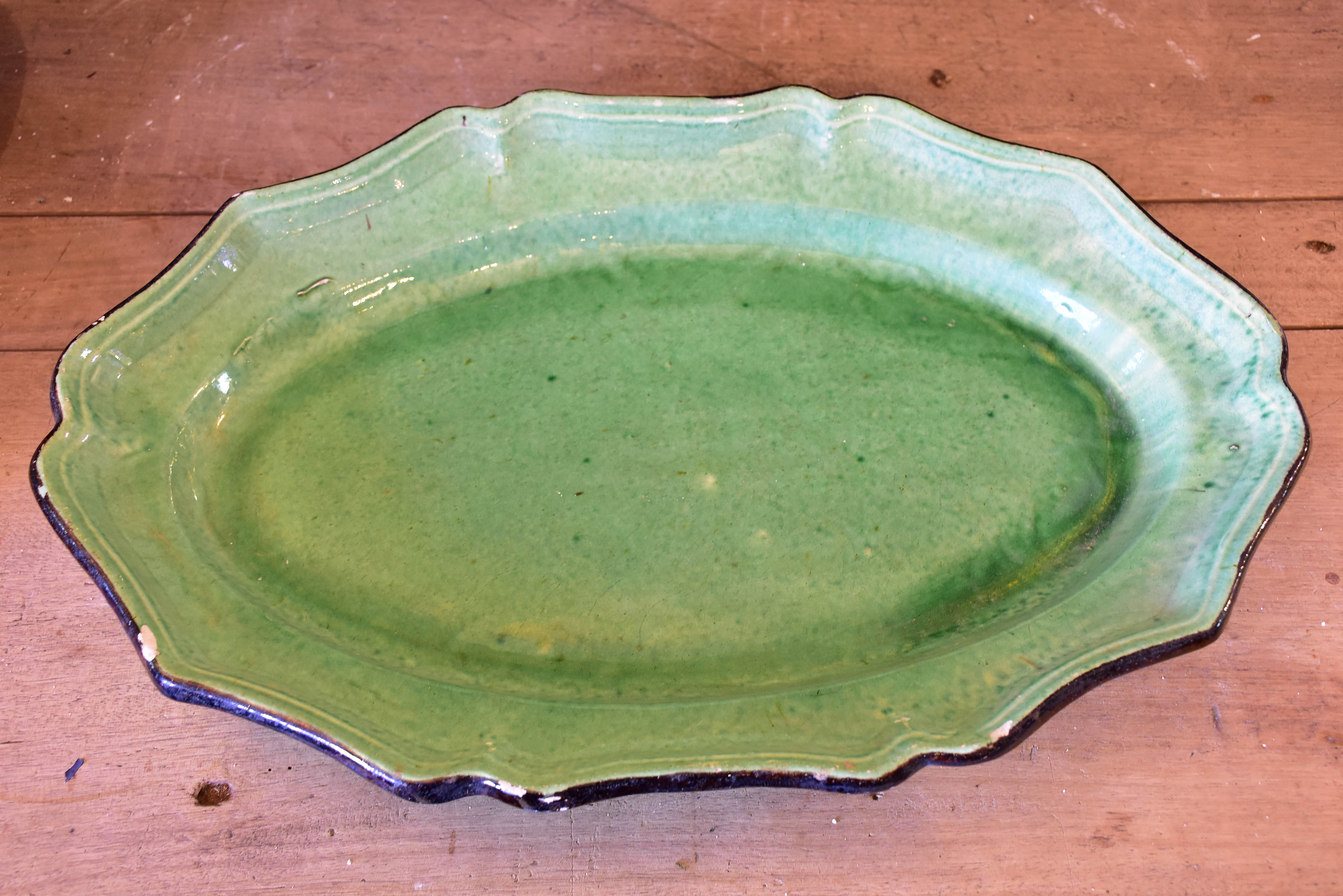 Two green glazed French platters from Dieulefit